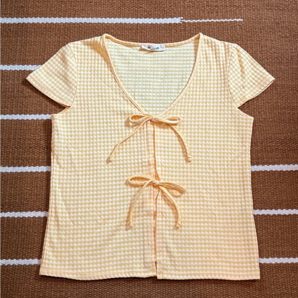 Madewell Gingham Bow Short Sleeve Top Yellow XS - Picture 4 of 11